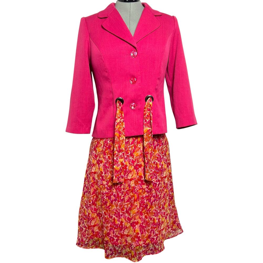 Vintage Pink and Orange Geometric Pattern Preppy Barbiecore Skirt Suit Size 10